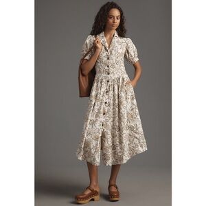 Anthropologie Picro | Short Sleeve Denim Midi Floral Shirt Dress w/ pockets US 6